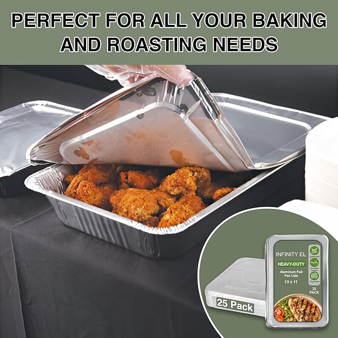 INFINITY EL Disposable Aluminum Foil Pan Lids 25 Pack | Half Size 13" x 11" Insulated Foil Pan Lids | Heavy Duty Aluminum Foil Lids for Catering, Food Storage, Turkey, Lasagna, Parties & Meal Prep