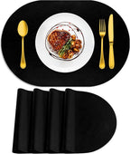 ADRIMER Placemats, Heat Resistant Oval Placemats Set of 4 Washable 12 x 17 Inch, Waterproof Table Mats, Wipeable Pu Place Mats for Kitchen, Dining Room, Black