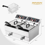ROVSUN 24.9QT Electric Deep Fryer with Baskets, Timer Drains & Lids, 3400W Commercial Deep Fryer, Dual Tank Kitchen Countertop Frying Machine, Adjustable Temperature for Home Restaurant