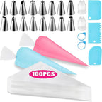 Piping Bags and Tips Set, Cakes Decorating Supplies Kit with 100pcs 18 Inch Pastry Bags, 16 Piping Tips, 3 Cake Scraper, 2 Couplers, 2 Bag Ties, Simple and Convenient Baking Supplies Set