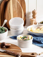 LE TAUCI Ramekins Oven Safe with Lids, 12 oz Ramikin Set for Creme Brulee, Souffle, Dipping Sauce, Onion Soup, Ceramic Food Storage Container - 5 inch, Set of 4, Arctic White
