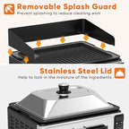 OLIXIS Electric Grill Indoor for Steak and Veggies, Smokeles Griddle with Lid for Kitchen Cooking, Countertop Oven Includes Temp Control/Grill Plate/Splash Guard/Crumb Tray, Black/Silver