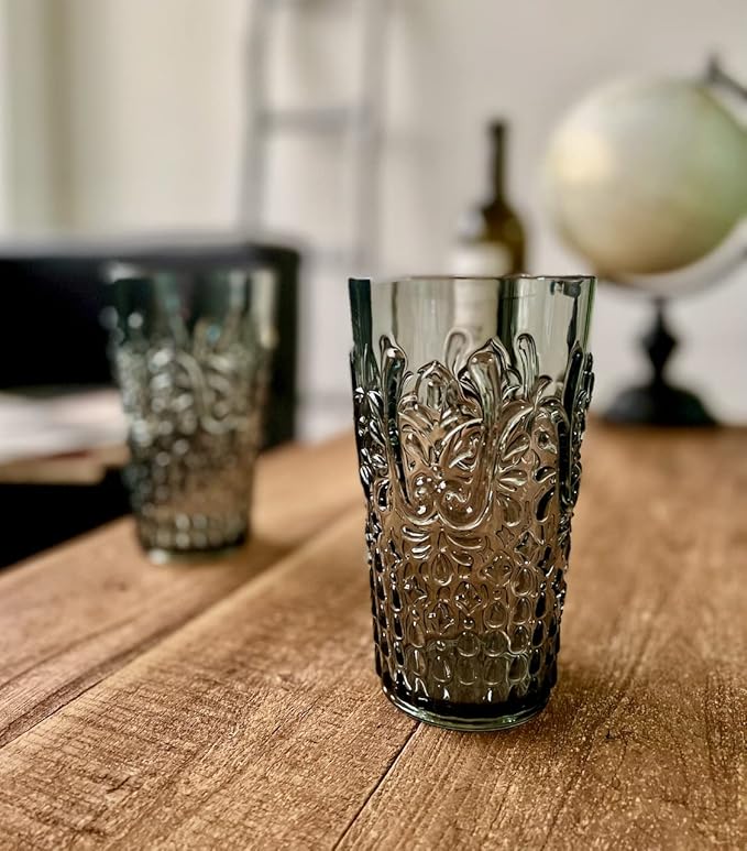 KLIFA- BLOIS- 20.5 ounce, Set of 6, Acrylic Highball Drinking Glasses, BPA-Free, Stackable Plastic Drinkware, Dishwasher Safe, Vintage Looking Cups, Gray-Black