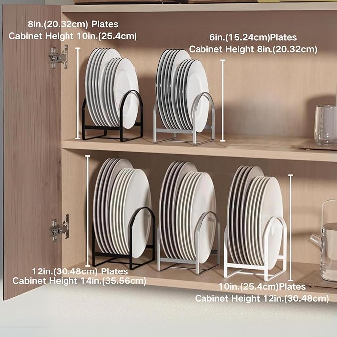 LINFIDITE 2 Pack Kitchen Plate Holder Organizer for Cabinet Space Saver Dinner Plate Storage Rack Upright Dish Drying Racks Metal Dish Stand for Cupboard Countertop Rustproof Black (1 Large 1 Small)