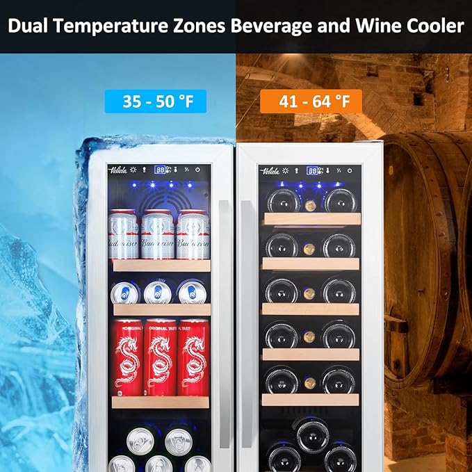 Wine and Beverage Refrigerator, 24 Inch Dual Zone Fridge with Glass Door, Built-In Cooler with Powerful and Quite Cool System/18 Bottles and 88 Cans Capacity Bverage Cooler
