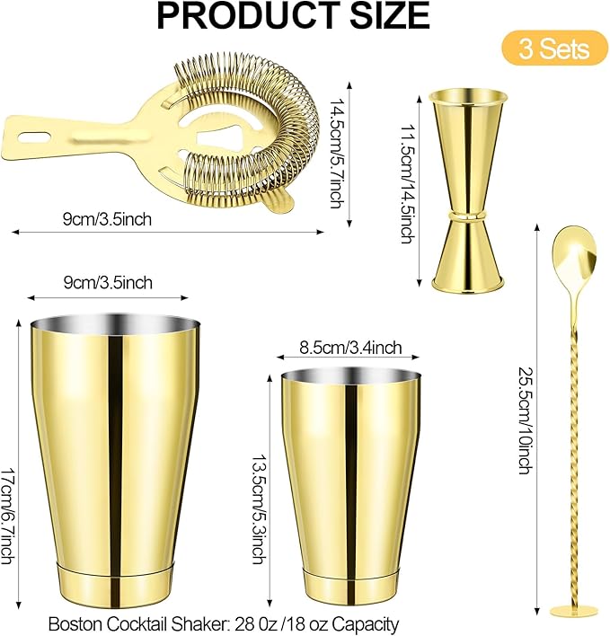 Mwellewm Cocktail Shaker Boston Shaker Set 15 Pcs Professional Bartender Kit Bar Shaker Stainless Steel Drink Shaker Bartending Beginner Martini Shaker Tin Mixed Alcohol Shaker Tool(Gold)