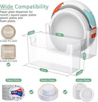2Pcs Paper Plate Dispenser for 6-9.5 Inch Disposable Plates, Space-Saving Plastic, Foam and Paper Plate Storage Organizer for Cabinet, Countertop, RV or Outdoor (Transparent)