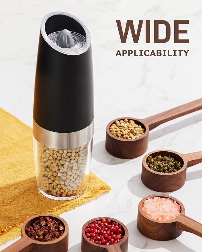 Sangcon Gravity Electric Salt and Pepper Grinder Set Automatic Shakers Mill Grinder with LED Light, BATTERY POWERED Adjustable Coarseness One Hand Operation, Upgraded Larger Capacity