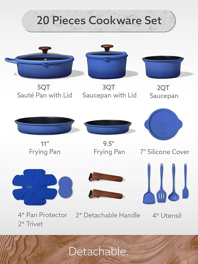 CAROTE 20Pcs Titanium Cookware Set, Pots and Pans Set Non Stick, Kitchen Cooking Set with Detachable Handle, Non Toxic Induction Cookware - Camping Cookware, Dishwasher/Oven Safe, Blue