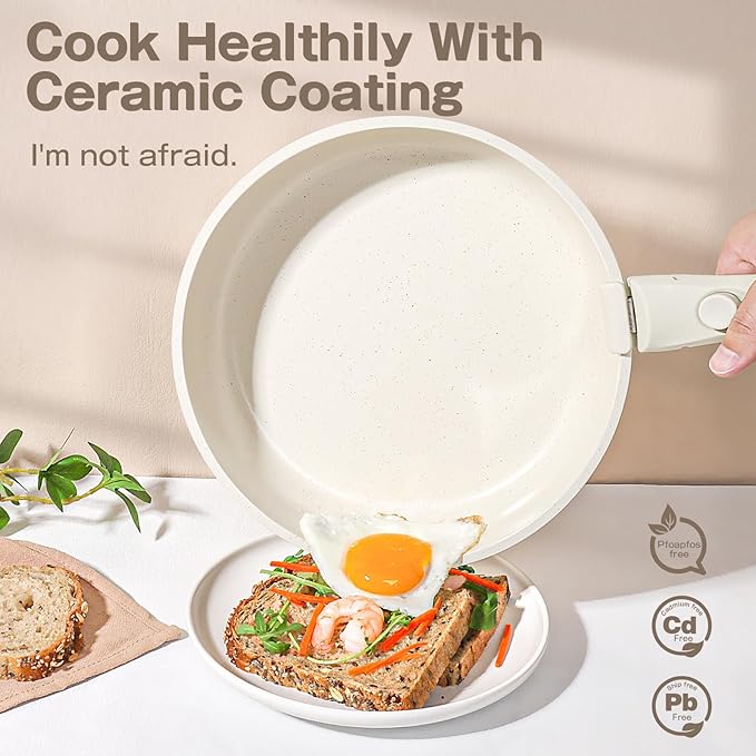 GiPP Ceramic Pots and Pans Set Non Stick, Nonstick Detachable Handle Cookware Sets, Non Toxic Induction Kitchen Pot and Pan with Removable Handle, Healthy RV Cookware, Dishwasher ＆Oven Safe, 7 Piece