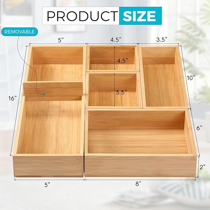 Fabsome Bathroom Drawer Organizer, Bamboo Box Bin for Junk Vanity Desk Makeup Drawer, Small Wooden Container Tea Storage Organization Tray for Kitchen Office, Set of 5