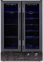 NewAir 24" Dual Zone Wine and Beverage Refrigerator, 18 Bottle & 58 Can, French Door Built-In Fridge with Lock, Black Stainless Steel Cooler, Digital Thermostat, Adjustable Shelves