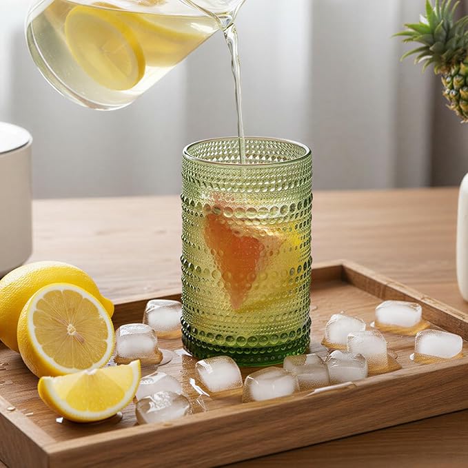 Moretoes Hobnail Drinking Glasses Set of 6,12 Oz Highball Glasses Clear Embossed Boho Water Glass Cups Kitchen Bar Tumbler Glassware Set for Whiskey, Beer, Juice, Milk and Various Mixed Drinks (Green)