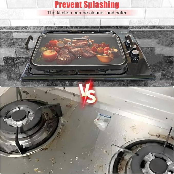 Vayepro 2 Burner Griddle Pan with Glass Lid, Stove Top Flat for Glass Stove Top, Aluminum Pancake, Non-Stick for Gas Grill, Double Burner Camping