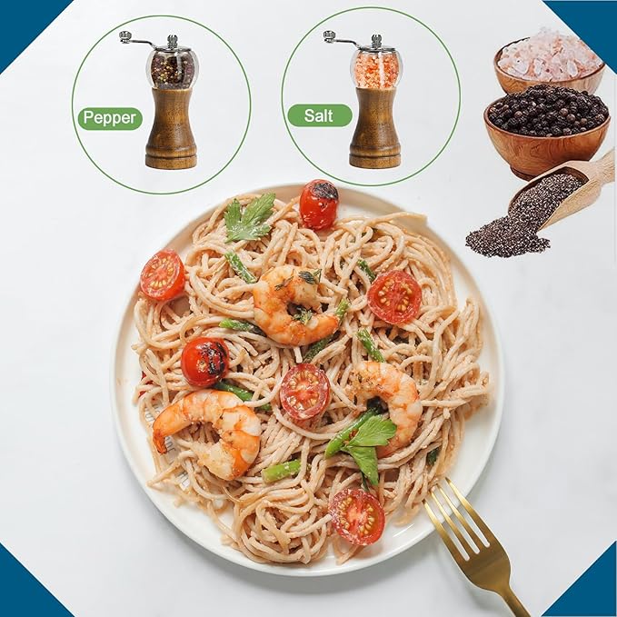 Pepper Grinder, Classical Roast Black Manual Pepper Grinder Set, Hand Shake Sea Salt Mill, Retro Style Wood， Acrylic，Ceramic Blades, Enjoy Fresh Pepper Spices (Walnut color 2pcs-6in)