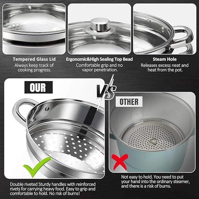 4 QT Stainless Steel Cookware Set, 3-Piece Multipurpose Stock Pot with Steamer Pot and Tempered Glass Lid, Stainless Steel Handle, Work with Gas Electric Induction Stove