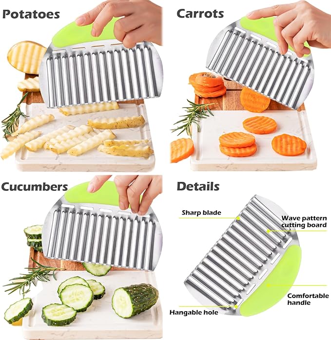 JAYVAR Large Crinkle Cutter French Fry Cutter, Large Wave Slicer Potato Wavy Chopper, Stainless Steel Vegetable Crinkle Cutting Onion Chopping Tool with Handle for Cucumber, Kitchen Dicer Gadgets