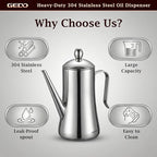 GEDO 304 Stainless Steel Oil Dispenser, Eagle Beak Drip-Free Spout Oil Pot with Extra Wide Mouth & Air Vent Lid, Large Capacity for Kitchen Cooking & Outdoor Grilling (1.05QT / 1000ml)