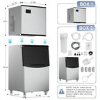 Ice Maker Commercial Ice Machine Large Capacity Stainless Steel 500 Lbs/24H Industrial Ice Machine, 350 Lbs Storage Commercial Ice Machines Free Standing, Cubes Ice Makers Commercial