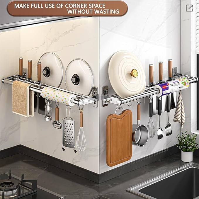 Hanging Wall Mount knife Wall Mount, Kitchen Organizer Storage Shelf for Utensils Spatula Spoon, Space-Saving Knife Rack with Hooks,Wall-Mounted Utensil Holder (Grey, 60CM+Three Poles+10Hooks)