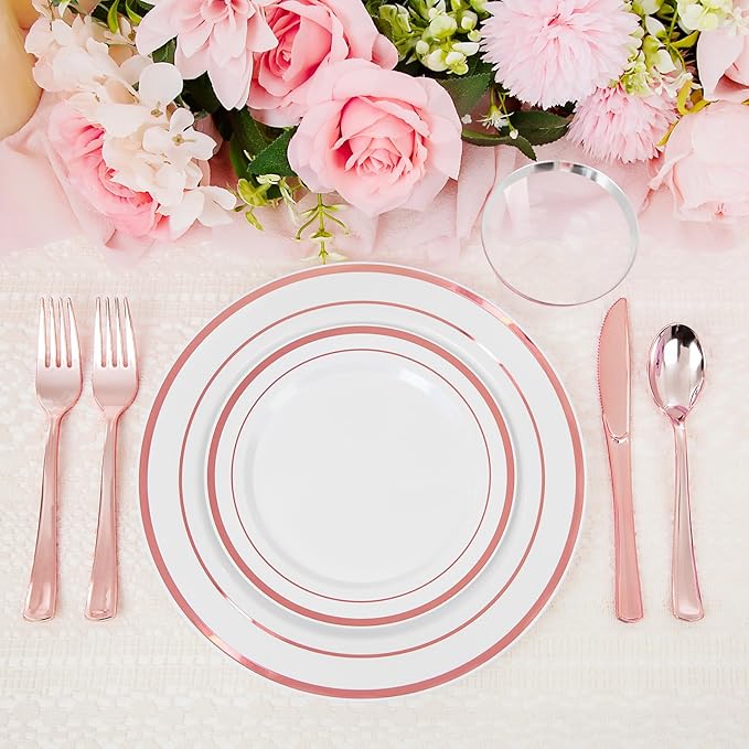 WELLIFE 300 PCS Rose Gold Dinnerware Set for 50 Guests, Valentine's Day Plate, 50 Dinner & Salad Plates,Cups, Forks Knives Spoons for Wedding Reception and Mothers Day Plates