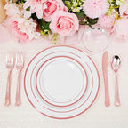 WELLIFE 450 PCS Rose Gold Disposable Dinnerware Set for 75 Guests, Mothers Day Plates, 75 Dinner & Salad Plate, Cups, Forks Knives Spoons for Wedding Reception and Valentine's Day