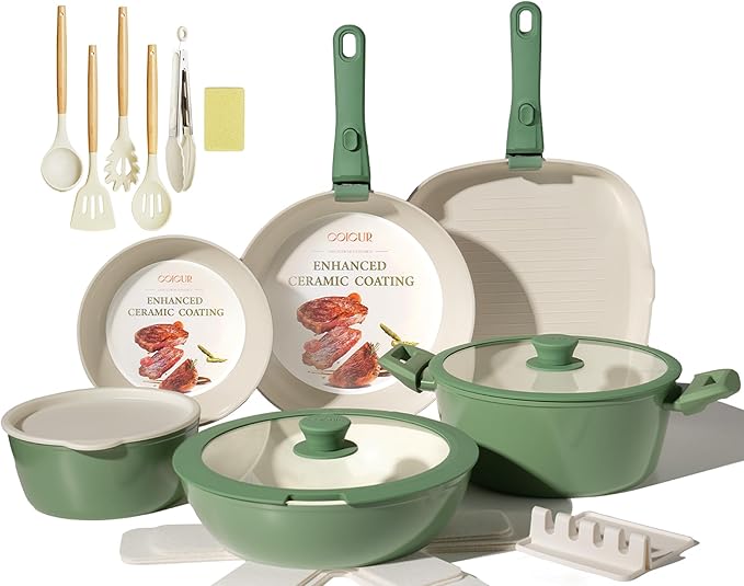 Ceramic Cookware Set Non Stick 23Pcs Pots and Pans Set Non Toxic with Detachable Handle Induction Kitchen Cookware Set Space Saving, Oven & Dishwasher Safe, Green
