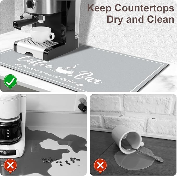 CooRug Absorbent Coffee Mat, Fashion Dish Drying Mat for Kitchen Counter Coffee Bar Accessories Espresso Machine Dish Rack 16" x 24" Light Grey