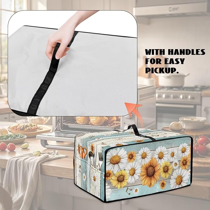 Wooden Board Daisy Print Toaster Oven Dust-proof Cover for Kitchen Small Appliance Fingerprint Protection Decorative Countertop Oven Protector (Large-18.5 * 22.5 * 12.99 inches)