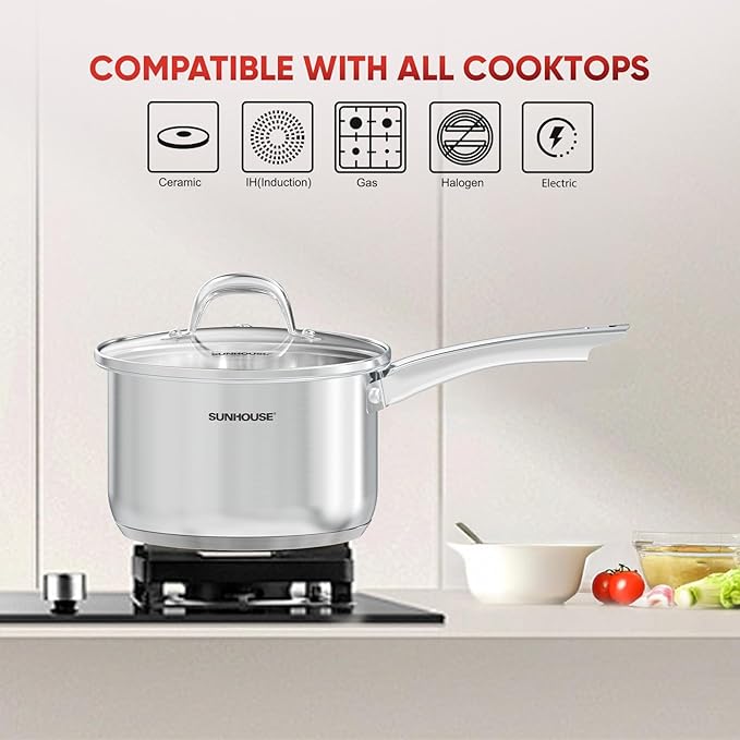SUNHOUSE – 3 Quarts Stainless Steel Sauce Pan with Lid - PFOA-Free, Stainless Steel Sauce Pan, Advanced Impact Bonding Induction Base, Stay-Cool Handle, Compatible with All Cooktops