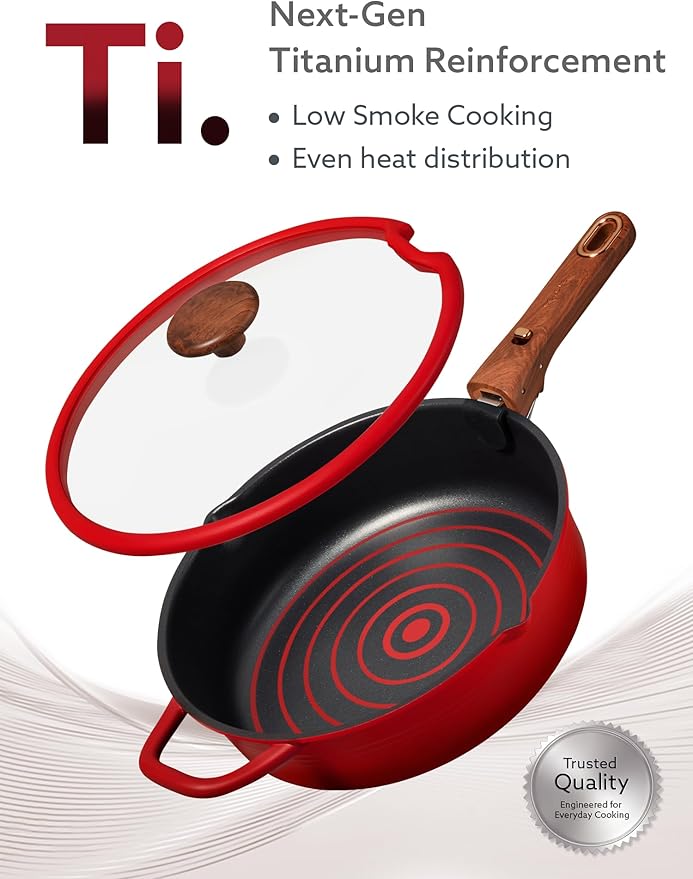 CAROTE 20Pcs Titanium Cookware Set, Pots and Pans Set Non Stick, Kitchen Cooking Set with Detachable Handle, Non Toxic Induction Cookware - Camping Cookware, Dishwasher/Oven Safe, Red