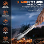 16-Inch Grill Tongs - Extra Long BBQ Tongs with Wood Handles - Heavy Duty Heat Resistant Barbecue Tong Stainless Steel Metal Tong for Cooking, Grill, Grilling, Charcoal, BBQ, Barbecue, Serving