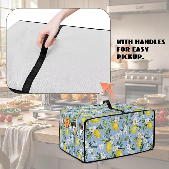 Lemon Daisy Print Toaster Oven Heavy Duty Cover with Pockets, Dust-proof Anti Fingerprint Microwave Oven Cover, Air Fryer Covers for Kitchen Counter (Large-18.5*22.5*12.99 inches)