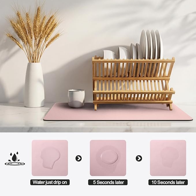 Ecotrim - Dish Drying Mat for Kitchen Counter | Coffee Bar Mat for Countertops | Heat Resistant Drainer Mat with Non-slip Rubber Backed | Hide Stain Kitchen Absorbent Draining Mat | Pink 18"x28"