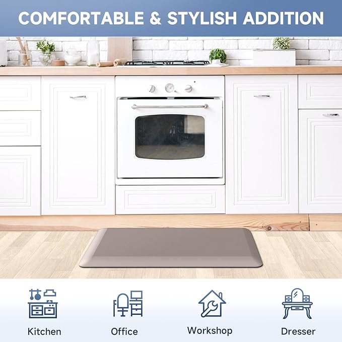 StepRite 4/5 Inch Thick Kitchen Mat Anti Fatigue Mat Kitchen Rugs Kitchen Decor Non-Slip, Stain & Water Resistant, Kitchen Mats Desk Mat for Kitchen, Office, Workshop, Khaki, 17'' x 28''