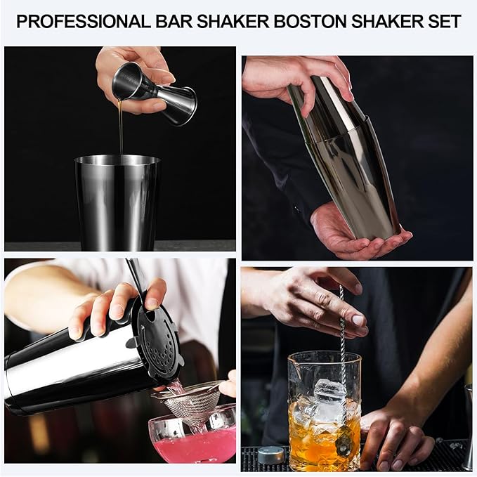 Mwellewm Cocktail Shaker Boston Shaker Set 15 Pcs Professional Bartender Kit Bar Shaker Stainless Steel Drink Shaker Bartending Beginner Martini Shaker Tin Mixed Alcohol Shaker Tool(Black)
