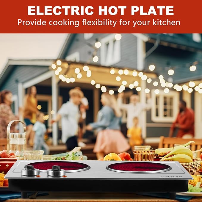 Hot Plate,CUSIMAX Portable Electric Hot Plates for Cooking,1800W Dual Infrared Burner with Adjustable Temperature Control,Electric Ceramic Glass Stove for Stainless Steel,Easy Clean for Home, Dorm, RV