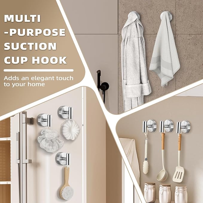 Suction Cup Hooks for Shower - Bathroom Reusable Hooks for Towels, Robes & Loofah - No-Drill Mounting on Kitchen,Walls,Metal,Glass,Mirrors,Tile & Smooth Non-Porous Surfaces (2, Brushed Nickel)