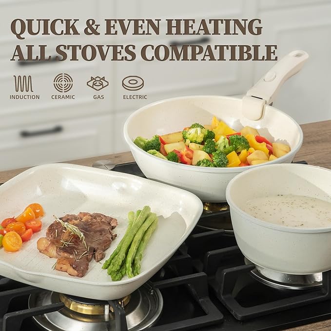 Ceramic Cookware Set Non Stick 23Pcs Pots and Pans Set Non Toxic with Detachable Handle Induction Kitchen Cookware Set Space Saving, Oven & Dishwasher Safe, Cream