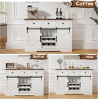 Kmax Farmhouse Wine Bar Cabinet w, 54” Buffet Cabinet with Storage, Rustic White Coffee Bar Cabinet with Sliding Barn Doors, Wine/Glass Rack & 3 Drawers for Living, Dining Room, Brown Top