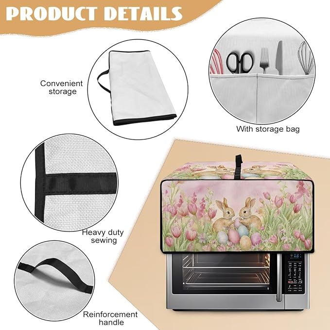 Easter Egg Bunny Tulip Print Toaster Oven Cover for Easter Decor, Dust-proof Case for Air Fryer, Heat-resistant Kitchen Countertop Appliance Protector, (Large-18.5*22.5*12.99 inches)