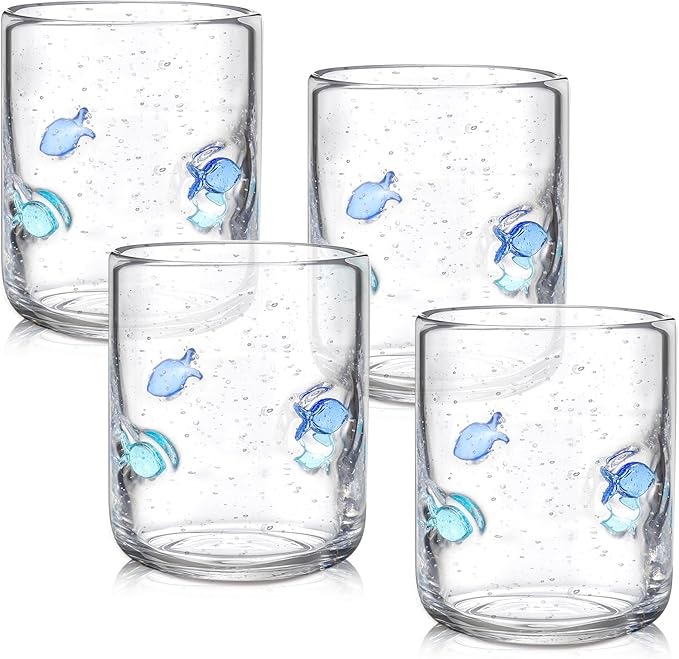 Vesici 4 Pcs Fish Icon Juice Glasses 14 oz Christian Drinking Glass Cups Hand Blown Fish Cocktail Wine Glassware Cup for Summer Party Supplies Holiday Gifts