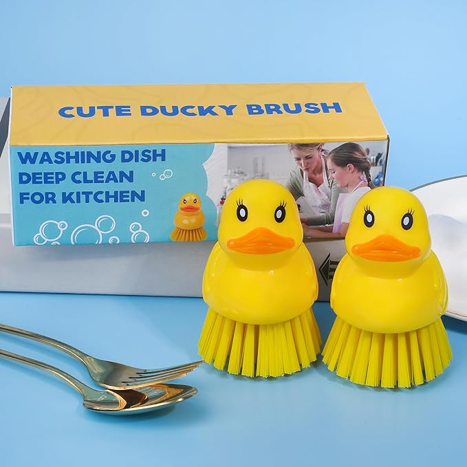 GTOTd Cute Ducky Washing Dish Brush（2 Pack）Ergonomic Palm Scrubber with Handle for Potato Vegetable Fruit Kitchen Gadgets White Elephant Gifts Accessories Stuff Household Cleaning Dishwashing Supplies