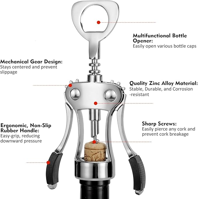 Wine Opener with Stopper, Cutter - Wine Bottle Opener Bundle, Zinc Alloy Wing Corkscrew Heavy Duty, Cork Screw Beer Opener for Bartenders, Multifunctional Bottle Opener for Kitchen, Restaurant, Bar