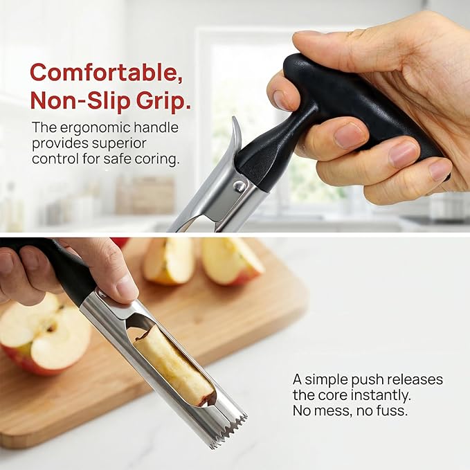 2 Pack Apple Corer Tool, Stainless Steel Apple Core Remover with Serrated Coring Head, Easy Push Core Release, Comfort Non-Slip Handle for Apples, Pears, Bell Peppers