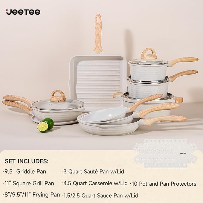 JEETEE 23pcs Pots and Pans Set Non Stick, White Cookware Sets for Kitchen, w/Frying Pans, Saucepans, Sauté & Griddle & Crepe Pan, Induction Cooking Pots (PFOA/PFAS Free)