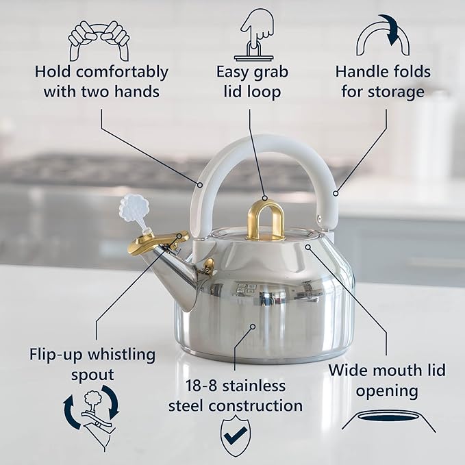 Michael Graves Design Steamy Kettle - Whistling 2.2 Quart Stainless Steel Stovetop Kettle, Induction Compatible, Ergonomic 2-Hand Grip Handle, Easy Flip Spout, Removable Lid, Fold-Down Storage Handle