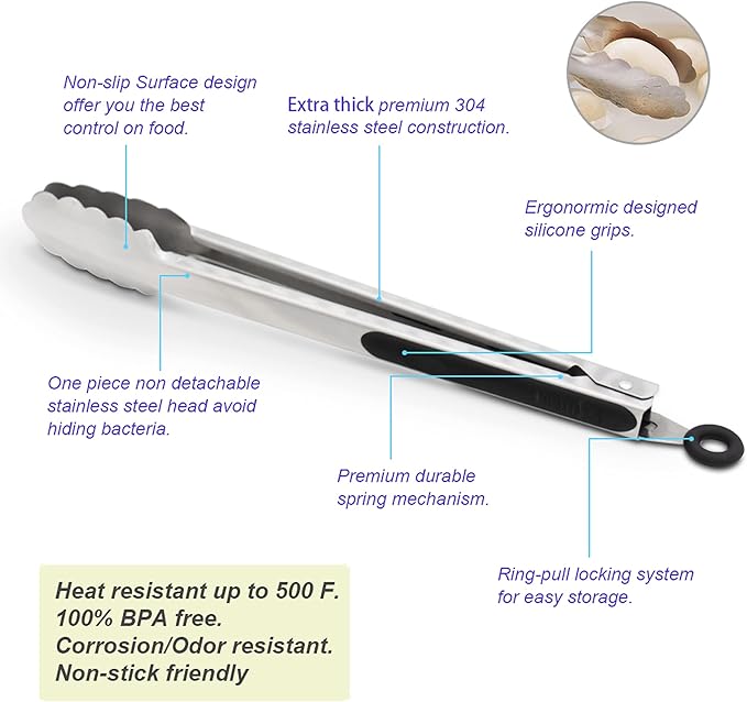 304 Stainless Steel Kitchen Cooking Tongs, 9" and 12" Set of 2 Sturdy Grilling Barbeque Brushed Locking Food Tongs with Ergonomic Grip, Black (Pack of 2)