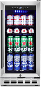ORYMUSE 15 Inch Beverage Refrigerator, 130 Can Capacity Under Counter Fridge with Lock & Glass Door, Quiet Built-in or Freestanding Beer Cooler, Powerful Compressor for Fast Cooling