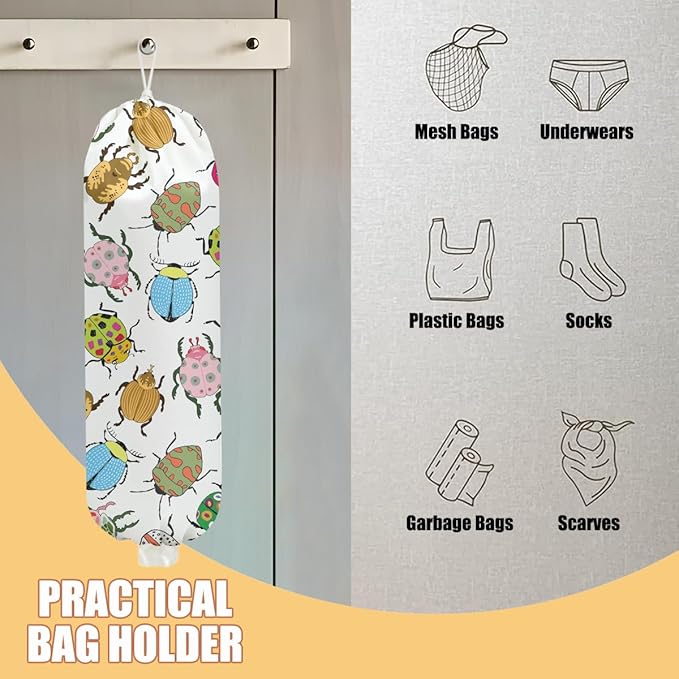 Insect Beetle Plastic Bag Holder, Wall Mount Grocery Bag Holder, Plastic Storage bag, Pull Rope Free Adjustment, Plastic Bag Holders for Grocery Bags, Plastic Bag Dispenser for Home Kitchen